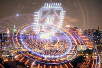Data theme hologram drawing on city view with skyscrapers background double exposure. Ai concept.