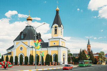 Rechytsa, Gomel Region, Belarus. Cathedral Of Dormition In Sunny Summer Day