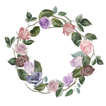 Watercolor flowers set, leaves, branches. Beautiful wreath. Elegant floral illustration collection. Botanical design for invitation, wedding or greeting cards. Circle frame with blooming roses.