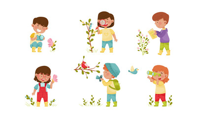 Little Kids Holding Magnifying Glass and Camera Exploring Nature Vector Illustrations Set