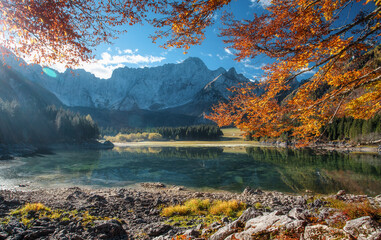 Impressive sunny autumn landscape of mountains. Beautiful natural scenery in Julian Alps. Scenic...