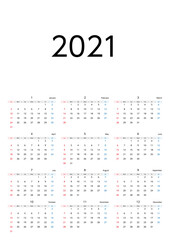 2021年日曜始まりカレンダー