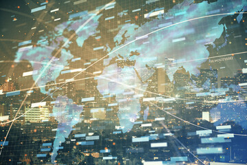 Data theme hologram drawing on city view with skyscrapers background multi exposure. Ai concept.