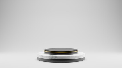 3D-rendering of circle pedestal on a white background. The element include black stage, marble material and gold ring.