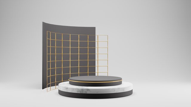 3D-rendering Of Circle Pedestal On A White Background. The Element Include Black Stage, Marble Material And Gold Ring.