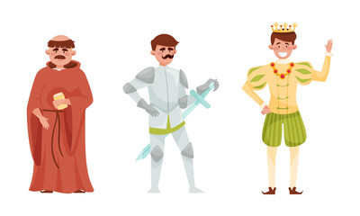 Medieval People with Young Prince and Monk or Priest Vector Set