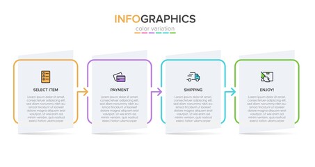 Concept of shopping process with 4 successive steps. Four colorful graphic elements. Timeline design for brochure, presentation, web site. Infographic design layout.