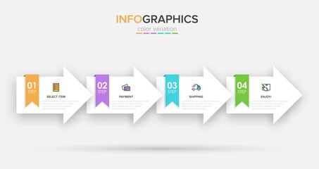Concept of shopping process with 4 successive steps. Four colorful graphic elements. Timeline design for brochure, presentation, web site. Infographic design layout.