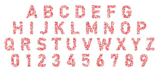 Font alphabet of colored confetti. Festive carnival letters, birthday holiday ABC and figures.