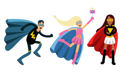 Fototapeta premium Man and Woman Characters in Superhero Costumes Standing Vector Illustration Set