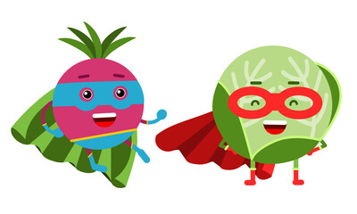 Funny Vegetables Wearing Superhero Cloak Vector Illustration Set