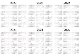 2020年から2025年の日曜始まり6年カレンダー