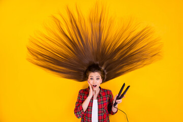 Top view above high angle flat lay flatlay lie concept of her she nice attractive amazed long-haired girl straightening ironing isolated on bright vivid shine vibrant yellow color background