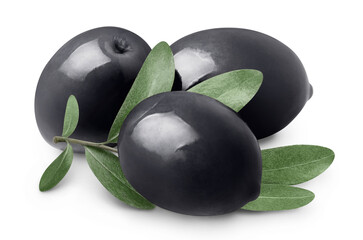 Delicious black olives with leaves, isolated on white background