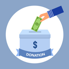 Hand putting money in to the donation box in flat design. Time for charity concept vector illustration.