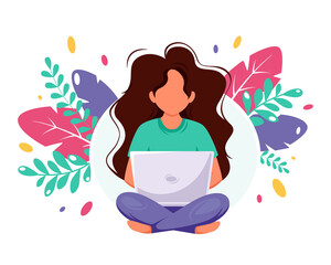 Woman sitting with laptop. Woman freelancer. Freelance, online studying, remote work concept. Vector illustration in a flat style.