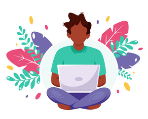 Black man sitting with laptop. Black man freelancer. Freelance, online studying, remote work concept. Vector illustration in a flat style.