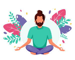 Fototapeta na wymiar Man meditating. Concept illustration for healthy lifestyle, yoga, meditation, relax, recreation. Vector illustration in flat style.