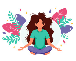 Woman meditating. Concept illustration for healthy lifestyle, yoga, meditation, relax, recreation. Vector illustration in flat style.