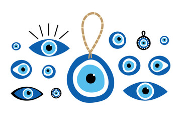 Set, collection of nazar amulets, evil eye protection talismans. Turkish blue eye-shaped amulets.  - 366227262