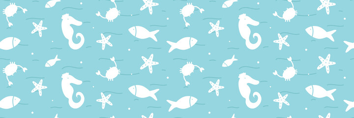 Wide horizontal sea life vector seamless pattern background with silhouettes of fishes, crabs, sea horses and starfishes.
