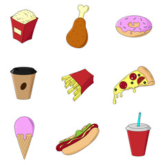 Fast food set. Vector cartoon illustrations. Isolated objects on white.