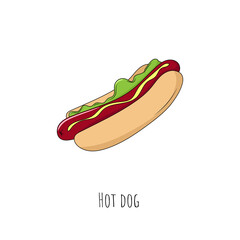 Hot dog. Isolated object on white. Vector cartoon illustration.