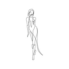 Beautiful fashion woman abstract silhouette, continuous line drawing, girl in long dress, single line on a white background, isolated vector illustration. Tattoo, print and logo design, beauty salon. 