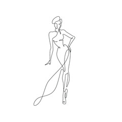 Beautiful fashion woman abstract silhouette, continuous line drawing, girl in long dress, single line on a white background, isolated vector illustration. Tattoo, print and logo design, beauty salon. 