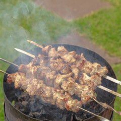Cooking fried meat on skewers, grilling. Against the background of green grass