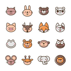 Vector set of filled outline animal icons on white background.
