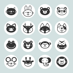 Vector set of solid animal circle icons on gray background.