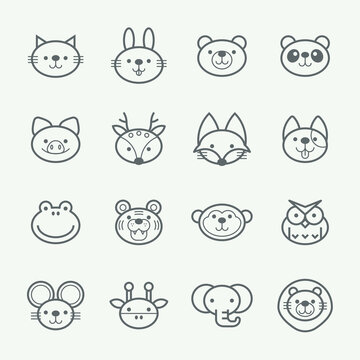 Vector set of outline animal icons. Thin line style animal icons.