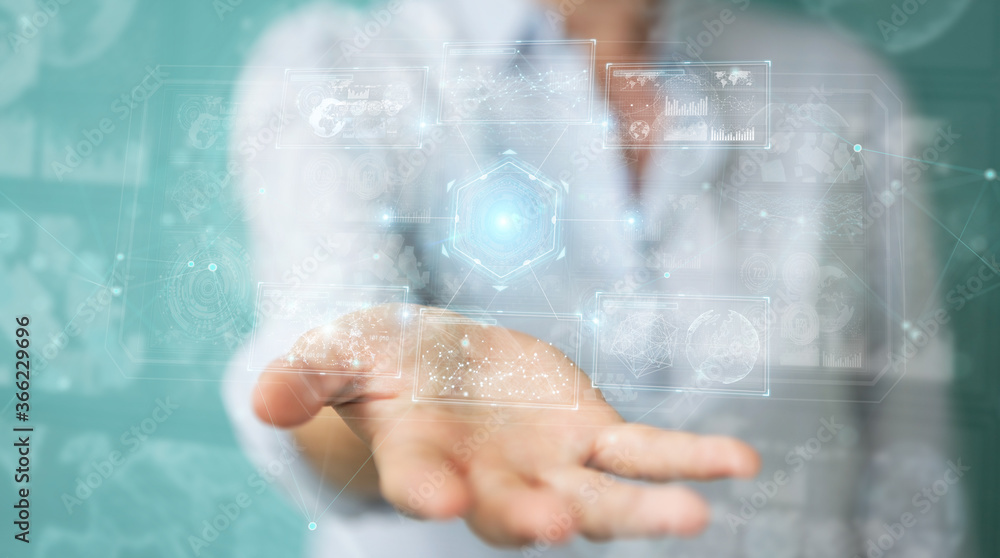 Fototapete woman using digital technological interface with datas 3d rendering