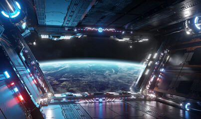 Blue and red futuristic spaceship interior with window view on planet Earth 3d rendering