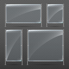 Vector set of empty glass banner stand on metal racks. Blank advertising template mockup. Empty exhibition vertical stand banner