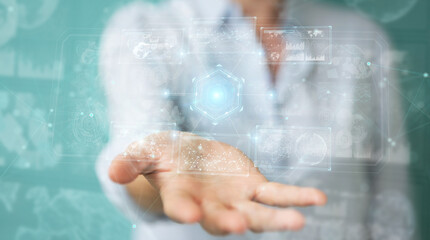 Woman using digital technological interface with datas 3D rendering