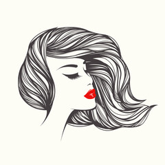 Woman with long hair and red lipstick.Beautiful young lady with elegant hairstyle and makeup.Hair salon and beauty studio logo.Cosmetics and spa icon.Pretty girl face.Profile portrait.