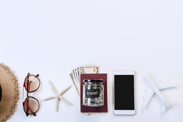 Naklejka premium Top view of travel accessories on white color background, travel concept. Flat lay , copy space