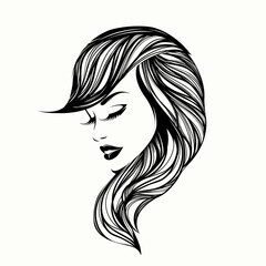 Beautiful woman with long, wavy hairstyle and elegant makeup.Hair salon and beauty studio logo.Cosmetics and spa icon.Young lady face.Female portrait isolated on white background.
