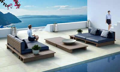 Outdoor tables and sofas for terrace overlooking sea in Oia