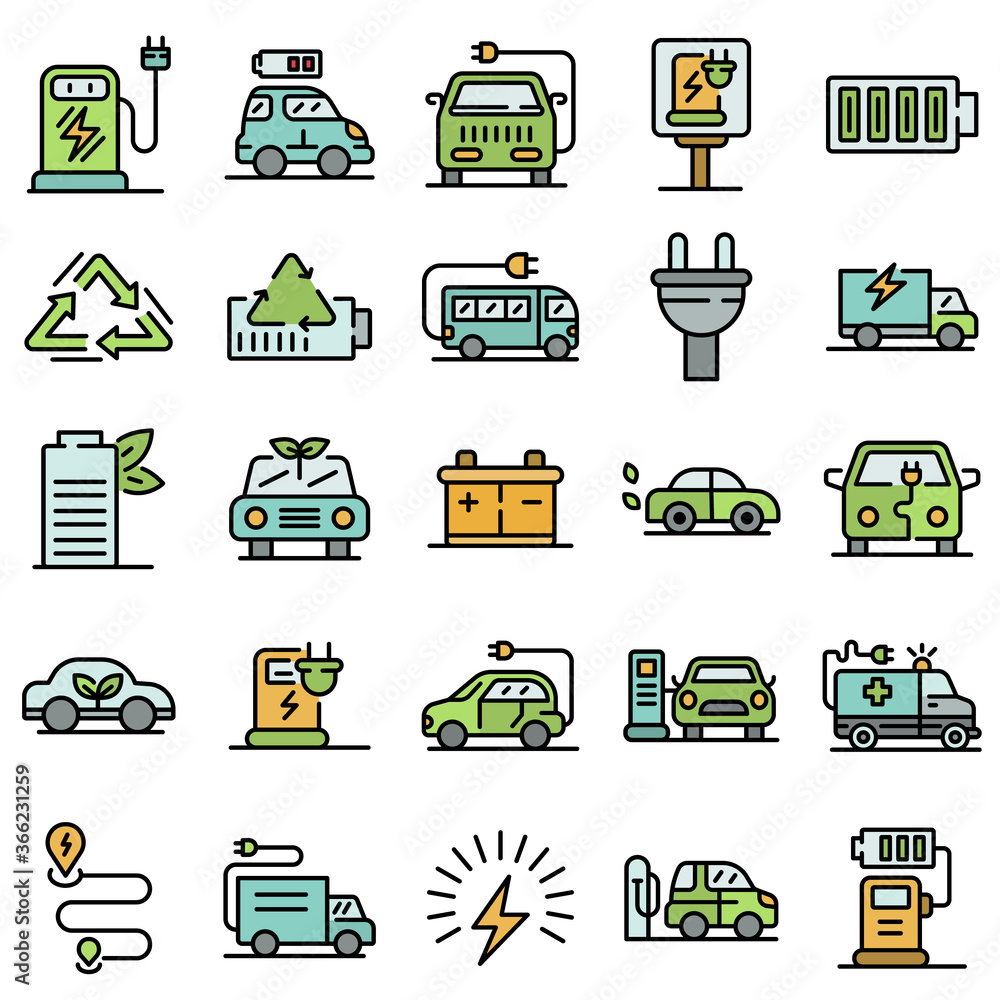 Poster electrical refueling icons set. outline set of electrical refueling vector icons thin line color fla