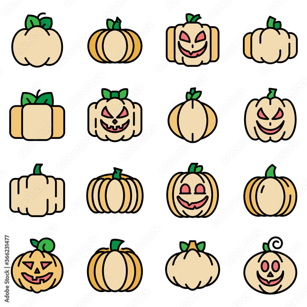 Poster pumpkin icons set. outline set of pumpkin vector icons thin line color flat on white - Posters