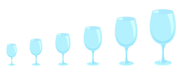 Set of realistic glasses. Scale. Different sizes. Glassware shop. Vector banner infographic. Small to Large.