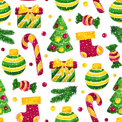 Watercolor seamless pattern with cute Christmas items. Gifts, Christmas tree, decorations and sweets.