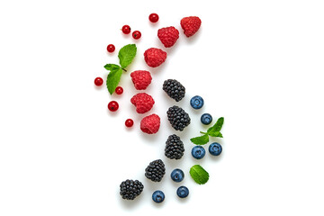 Blueberry, raspberry, blackberry, redcurrant isolated on white. Fresh blueberry, berries mix closeup. Red raspberry, blue blackberry, mint creative composition. Colorful trendy concept, top view.