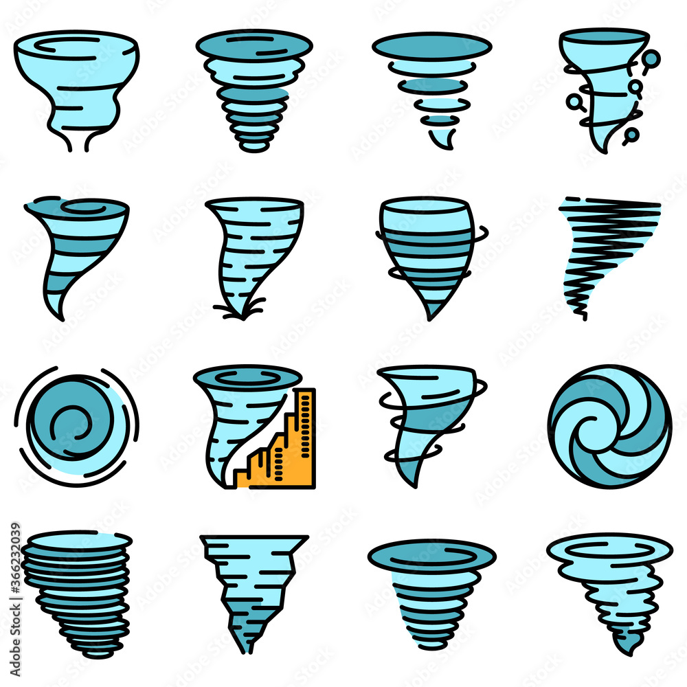 Aufkleber tornado icons set. outline set of tornado vector icons thin line color flat on white