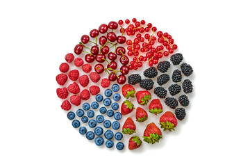 Blueberry, raspberry, blackberry, redcurrant, strawberry, cherry isolated on white. Fresh blueberry, berries mix closeup. Red raspberry, blue blackberry, mint creative composition.