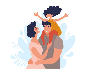 Portrait of a happy family with a child. A man and a woman hug and take care of their daughter. Simple flat illustration isolated on white background