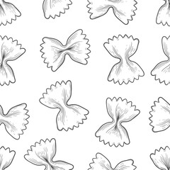 Italian Farfalle pasta, seamless pattern. Hand-drawn sketch in the style of engraving. Traditions of Italian cuisine. For menu design, packaging, etc. Vector drawing isolated on a white background.